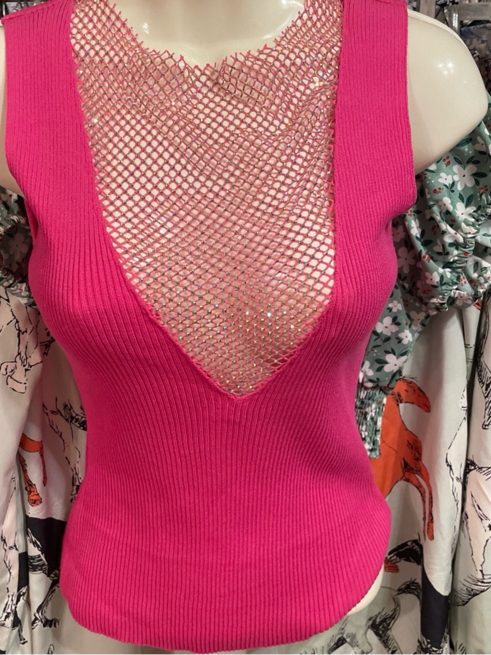 Fuchsia Ribbed Tank with Mesh V-Neck